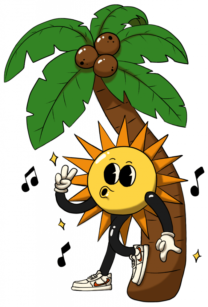 Illustration de la mascotte ensoleillée de Substy "Babylon" avec une palme de cocotier et des notes de musique, représentant la nature et l'ambiance festive des mélanges de plantes à fumer de Substy.