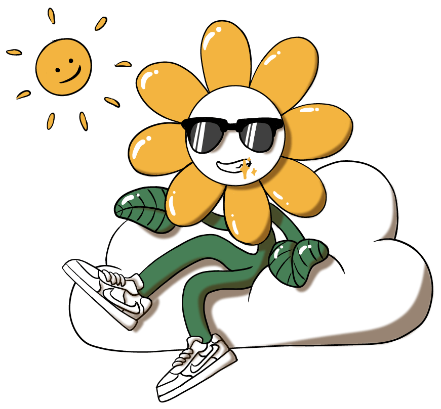 Illustration de la mascotte fleurie de Substy "Original" avec une fleur en lunettes de soleil, assise sur un nuage avec un soleil souriant en arrière-plan, représentant la fraîcheur et l'ambiance relaxante des mélanges de plantes à fumer de Substy.